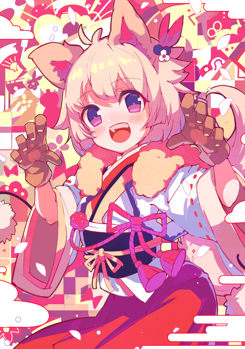 1girl absurdres animal_ears blush commentary eyebrows_visible_through_hair flower gloves hair_flower hair_ornament hands_up highres japanese_clothes kimono multicolored multicolored_background new_year nishinoda orange_hair original paw_gloves paw_pose paws red_skirt short_hair skirt solo violet_eyes white_kimono wide_sleeves year_of_the_dog yukata