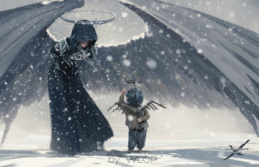 ambiguous_gender angel angel_wings arm_behind_back arm_up armor armored_dress arms_behind_back artificial_wings artist_name blue_hair bowing breastplate child from_behind full_body ghostblade halo height_difference highres holding hood hood_up hooded_dress leaning_forward long_sleeves looking_at_another outdoors pants pointing pointing_finger shirt snow snowing standing wing_umbrella wings wlop