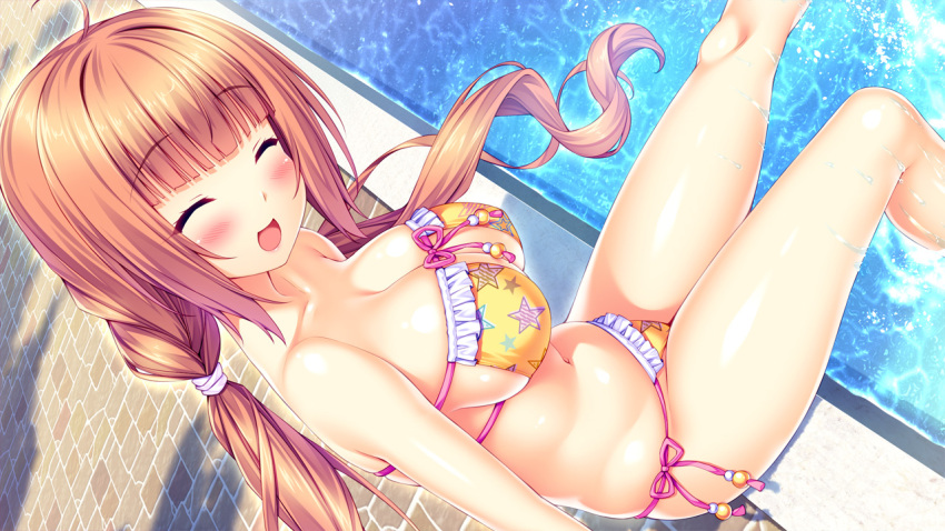 1girl :d ahoge arms_at_sides bangs bare_arms bare_legs bare_shoulders bikini blunt_bangs blush breasts cleavage closed_eyes collarbone day eyebrows_visible_through_hair eyelashes facing_viewer frilled_bikini frills front-tie_bikini front-tie_top game_cg groin hair_ornament hair_tie large_breasts legs long_hair low_twintails midriff naomi_(tropical_liquor) navel one_leg_raised open_mouth outdoors pool poolside sayori shiny shiny_skin side-tie_bikini sidelocks sitting smile soaking_feet solo star star_print stomach strap_gap strapless strapless_bikini string_bikini swimsuit tropical_liquor twintails very_long_hair water yellow_bikini