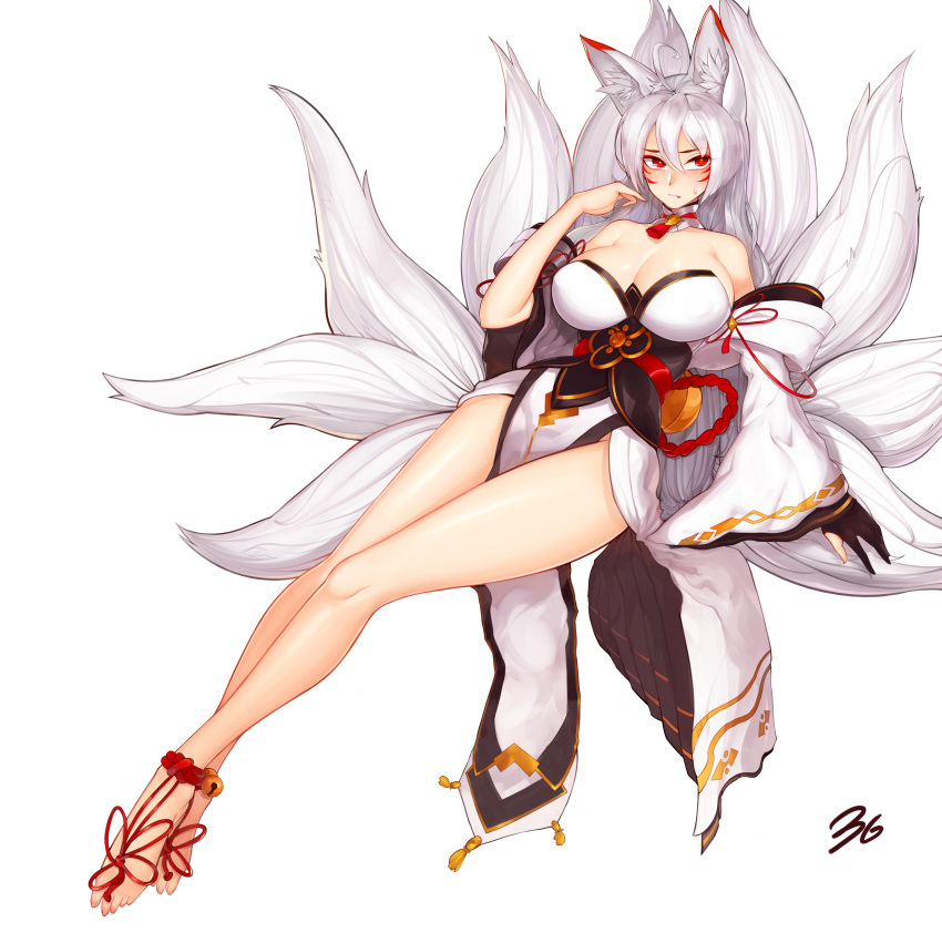 1girl 3gs absurdres ahoge albino animal_ears anklet ara_han ara_han_(celestial_fox) bare_legs barefoot bell black_gloves breasts cleavage closed_mouth detached_sleeves elsword facial_mark fox_ears fox_tail full_body gloves highres huge_breasts jewelry legs long_hair looking_at_viewer multiple_tails partly_fingerless_gloves red_eyes shiva_(elsword) signature simple_background solo tail white_background white_hair