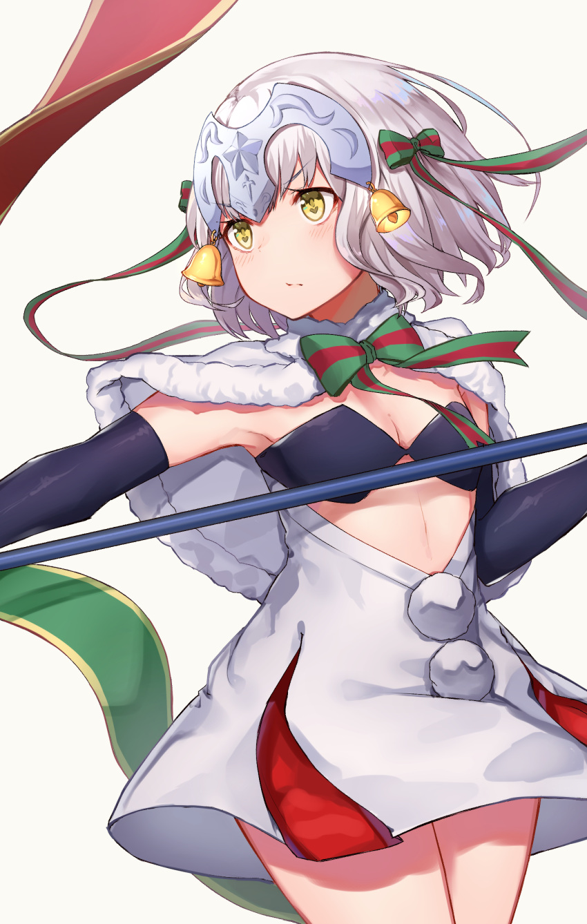 1girl :/ armpits bangs bell black_bra black_cola blush bow bowtie bra breasts cleavage closed_mouth cowboy_shot detached_sleeves dress fate/grand_order fate_(series) fur-trimmed_capelet green_bow green_neckwear hair_bow headpiece heart_in_eye highres jeanne_d'arc_(fate)_(all) jeanne_d'arc_alter_santa_lily looking_away looking_to_the_side pom_pom_(clothes) serious shiny shiny_hair short_hair silver_hair small_breasts solo standing striped striped_bow striped_neckwear underwear v-shaped_eyebrows white_capelet white_dress yellow_eyes
