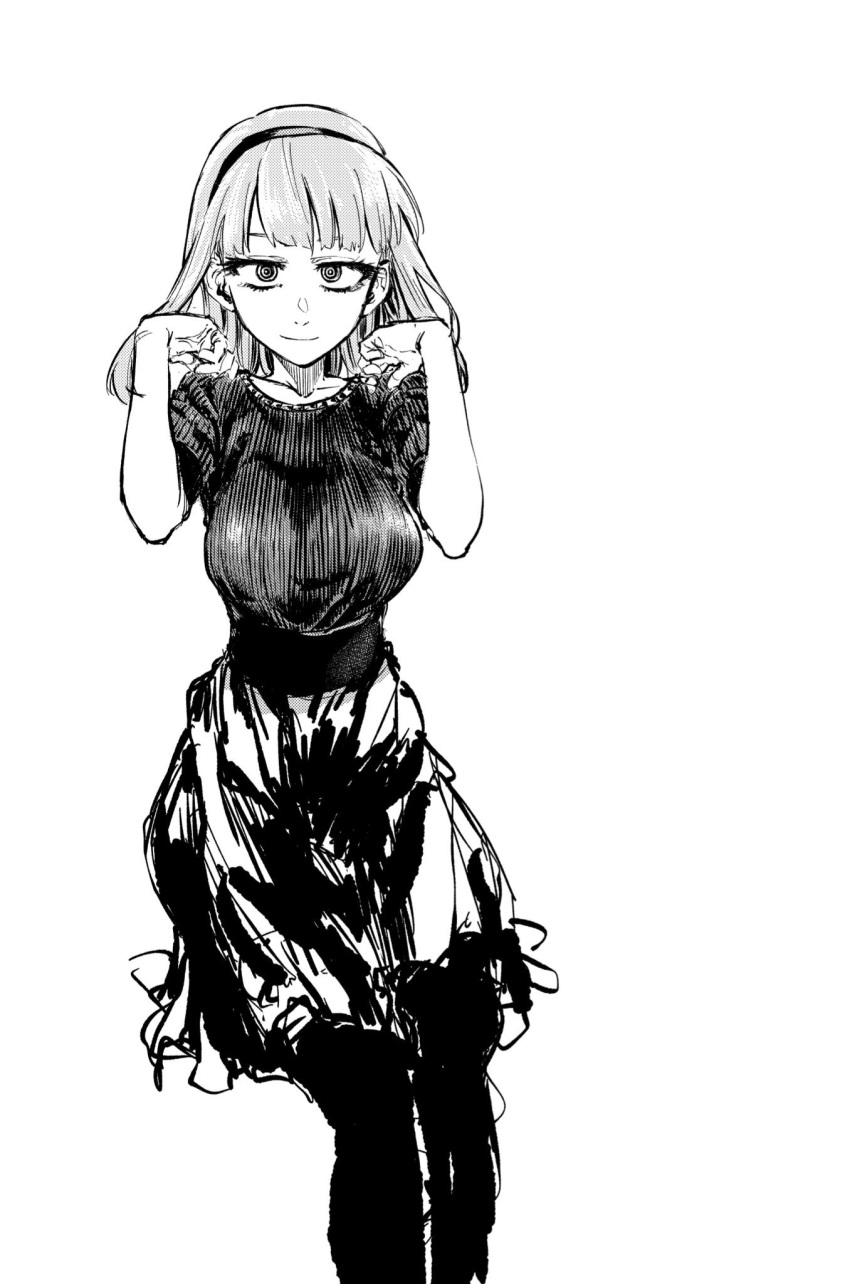 1girl bangs blunt_bangs breasts dagashi_kashi greyscale hairband highres kotoyama looking_at_viewer monochrome pantyhose ringed_eyes shidare_hotaru short_sleeves sketch skirt smile solo sweater