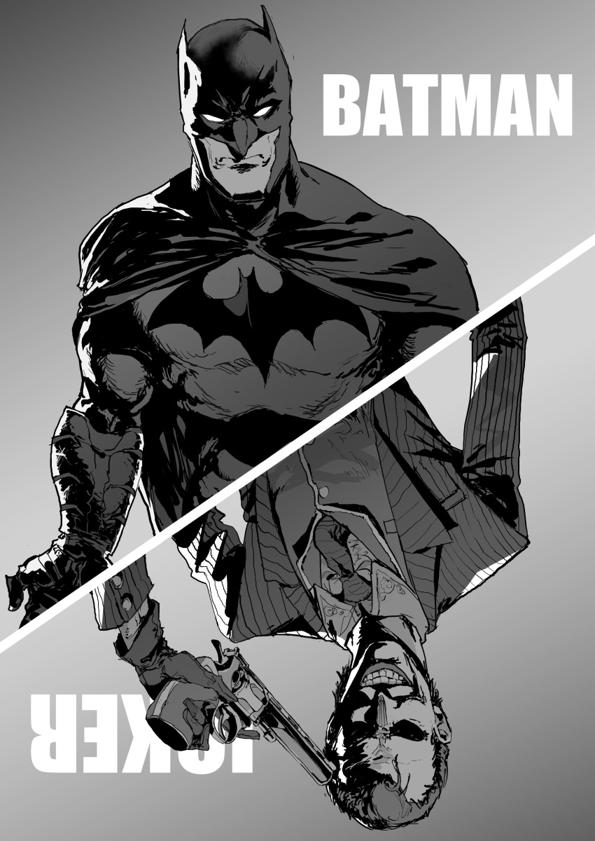 2boys absurdres batman batman_(series) cape character_name dc_comics formal glasgow_smile gloves greyscale grin highres makeup mask monochrome multiple_boys necktie oosawara_sadao smile suit superhero the_joker weapon