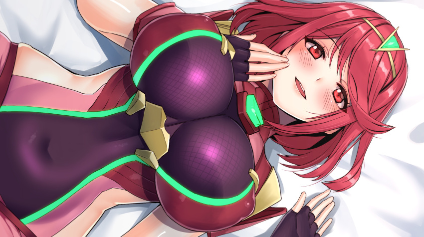 1girl angelo_(gomahangetsu) blush breasts fingerless_gloves gloves hair_ornament highres pyra_(xenoblade) jewelry large_breasts looking_at_viewer lying on_back red_eyes redhead short_hair smile solo tiara xenoblade xenoblade_2