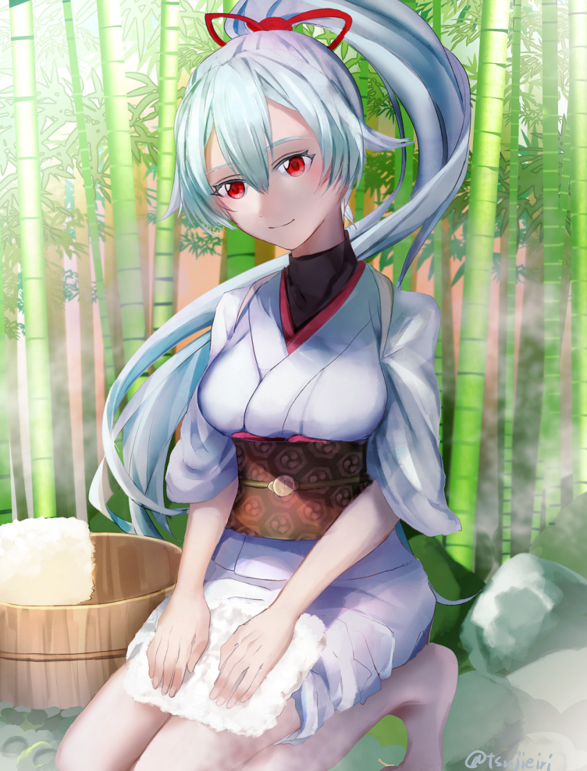 1girl bamboo bamboo_forest bucket fate/grand_order fate_(series) forest hair_ribbon head_tilt highres japanese_clothes kimono kneeling long_hair looking_at_viewer nature obi ponytail red_eyes red_ribbon ribbon sash short_kimono silver_hair smile solo tomoe_gozen_(fate/grand_order) tsujieiri very_long_hair