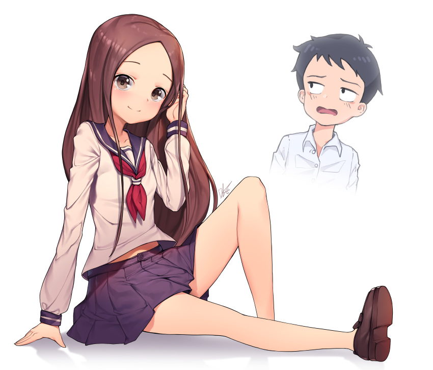 1boy 1girl absurdres bare_legs blush brown_eyes brown_footwear brown_hair closed_mouth collared_shirt dress_shirt full_body hand_in_hair highres karakai_jouzu_no_takagi-san lee_seok_ho long_hair long_sleeves looking_at_viewer neckerchief nishikata pleated_skirt purple_skirt red_neckwear school_uniform serafuku shirt shoes simple_background sitting skirt smile takagi-san very_long_hair white_background white_shirt wing_collar