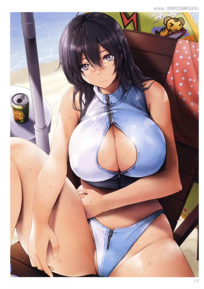 1girl absurdres ahoge bangs bare_arms bare_legs bare_shoulders barefoot beach beach_towel beach_umbrella black_hair blue_swimsuit blush breasts can chair cleavage cleavage_cutout closed_mouth day eyebrows_visible_through_hair fingernails groin hair_between_eyes hand_on_own_stomach highres huge_breasts knee_up kotora_(toranoana) long_hair looking_at_viewer lounge_chair navel nose_blush orico outdoors polka_dot polka_dot_towel scan sitting soda_can solo swimsuit table toranoana towel umbrella violet_eyes water wet wet_hair zipper