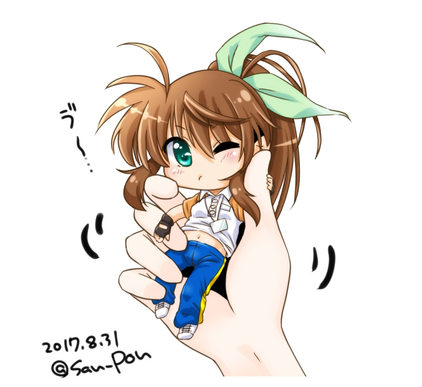 1girl ahoge black_gloves brown_hair collared_shirt dasuto dated fingerless_gloves fuuka_reventon gloves green_eyes green_ribbon hair_ribbon hands holding_person lyrical_nanoha midriff minigirl navel one_eye_closed pants ponytail ribbon shirt shoes short_sleeves sneakers track_pants twitter_username white_background wince