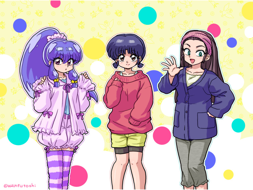 3girls alternate_hairstyle bike_shorts bike_shorts_under_shorts black_hair blush brown_eyes brown_hair capri_pants casual collar_bone green_eyes headband high_ponytail knees_together_feet_apart kuonji_ukyou looking_at_viewer multiple_girls open_mouth outline pants puffy_shorts purple_hair ranma_1/2 scrunchie shampoo_(ranma_1/2) short_twintails shorts sidelocks sleeves_past_wrists smile star striped striped_legwear tendou_akane thigh-highs twintails twitter_username violet_eyes wantan-orz zettai_ryouiki