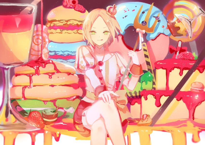 1boy :p axis_powers_hetalia blonde_hair cake candy crown doughnut food fruit green_eyes highres legs_crossed lollipop looking_at_viewer macaron mini_crown pancake poland_(hetalia) pudding solo strawberry tongue tongue_out yasato