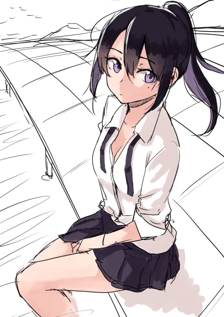 1girl black_hair blouse breasts cleavage expressionless highres long_hair looking_at_viewer original ponytail rucchiifu school_uniform sketch solo untied violet_eyes white_blouse