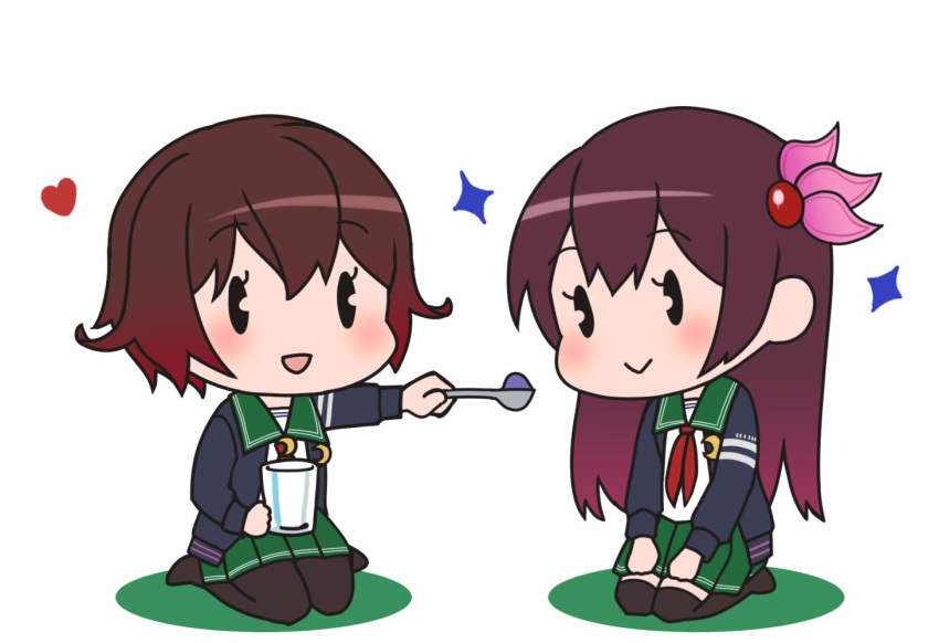 2girls black_jacket black_legwear brown_hair chibi crescent crescent_moon_pin cup eyebrows_visible_through_hair gelatin gradient_hair green_skirt holding holding_cup holding_spoon jacket kantai_collection kisaragi_(kantai_collection) lawson long_hair multicolored_hair multiple_girls mutsuki_(kantai_collection) pantyhose parody pleated_skirt purple_hair redhead remodel_(kantai_collection) school_uniform seiza serafuku short_hair simple_background sitting skirt smile thigh-highs white_background yamashiki_(orca_buteo)