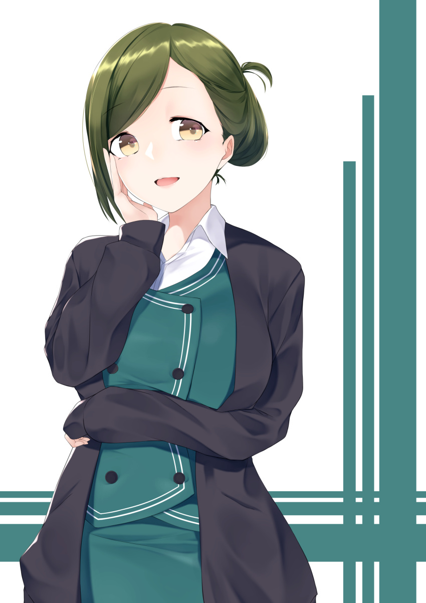 1girl absurdres asymmetrical_hair blush breast_hold breasts brown_eyes buttons cardigan folded_ponytail formal green_hair hand_on_own_cheek hand_up highres idolmaster_shiny_colors jacket long_hair looking_at_viewer nanakusa_hazuki nishinomiya_suzu office_lady open_cardigan open_clothes open_jacket open_mouth pencil_skirt purple_jacket sidelocks simple_background skirt sleeves_past_wrists solo suit tareme upper_body white_background