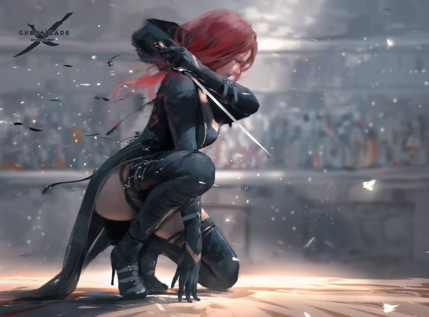 1girl belt_boots black_dress black_footwear black_gloves black_legwear boots colosseum convenient_leg copyright_name dress from_side full_body ghostblade gloves high_heel_boots high_heels highres one_knee realistic red_eyes redhead sword thigh-highs thigh_boots weapon wlop