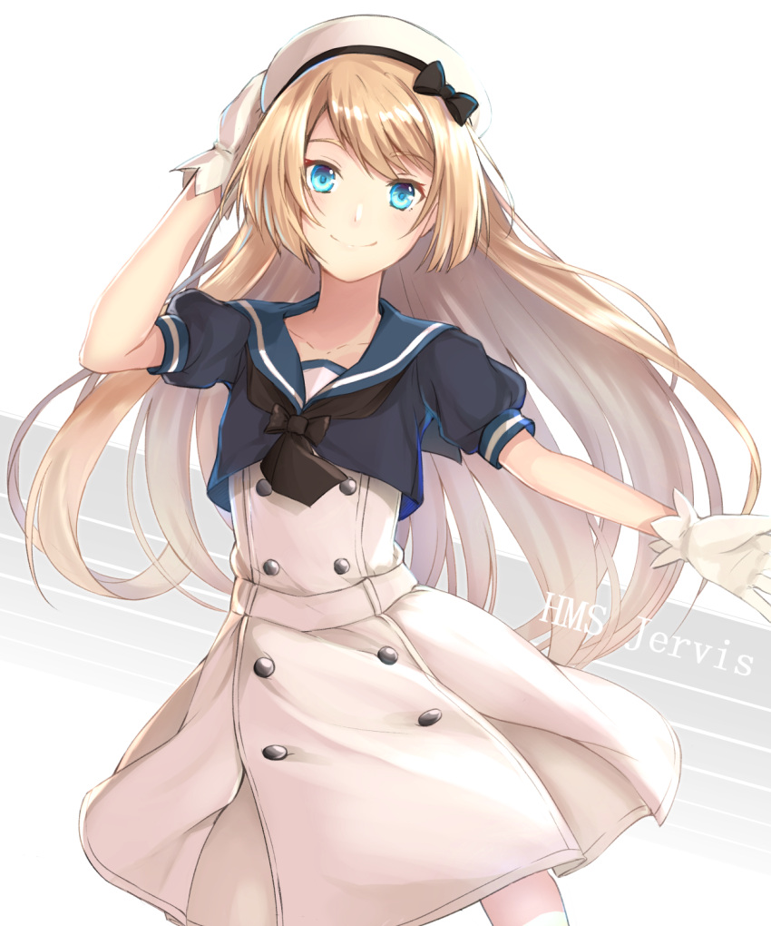 1girl aidesa blonde_hair blue_eyes blue_sailor_collar buttons character_name dress gloves hat highres jervis_(kantai_collection) kantai_collection long_hair sailor_collar sailor_dress short_sleeves smile solo white_gloves white_hat