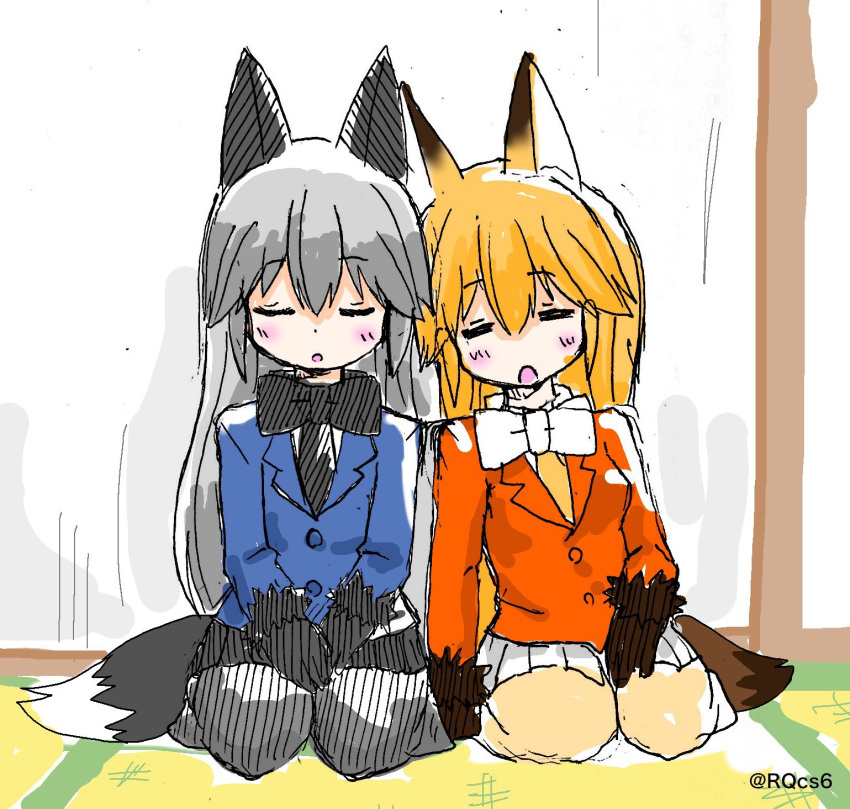 2girls animal_ears blush bow bowtie closed_eyes ezo_red_fox_(kemono_friends) fox_ears fox_tail fur_trim gloves grey_hair hands_on_lap highres kemono_friends kneeling long_hair multicolored_hair multiple_girls necktie open_mouth orange_hair pleated_skirt silver_fox_(kemono_friends) skirt sleeping sleeping_on_person sweater tail taimatsumaru_(rqcs6)