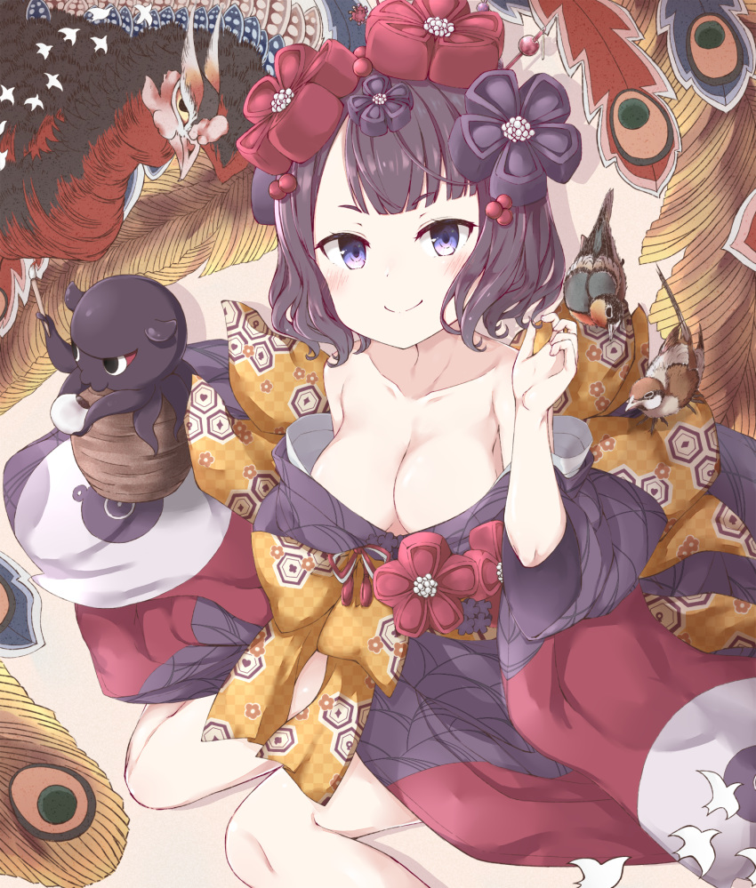 1girl bare_shoulders black_hair blush breasts cleavage commentary_request fate/grand_order fate_(series) flower hair_flower hair_ornament hairpin highres japanese_clothes katsushika_hokusai_(fate/grand_order) kimono large_breasts looking_at_viewer obi octopus sash short_hair smile yui_(seiga)