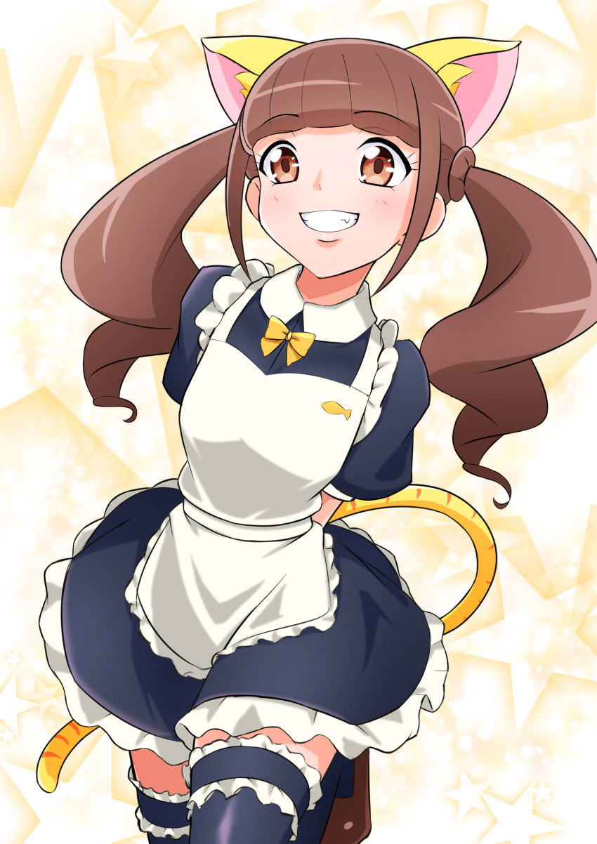 absurdres alternate_costume animal_ears animal_print apron black_dress black_thighhighs breasts brown_eyes brown_hair dress enmaided fake_animal_ears fake_tail frilled_apron frilled_dress frills healin'_good_precure highres hiramitsu_hinata looking_at_viewer maid maid_apron on_kazu open_mouth precure puffy_short_sleeves puffy_sleeves short_sleeves small_breasts smile standing standing_on_one_leg starry_background tail thigh-highs tiger_print tiger_tail twintails white_apron yellow_background