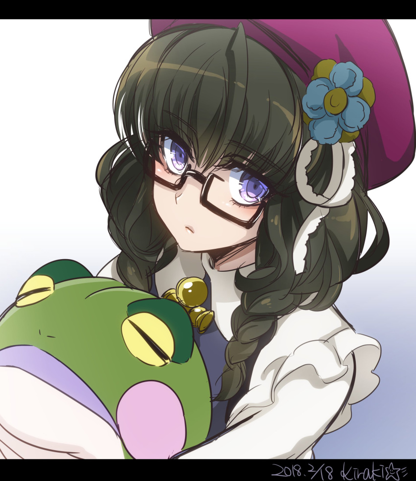 1girl artist_name braid dated flower frilled_sleeves frills from_above glasses hat highres holding kiraki letterboxed long_hair long_sleeves looking_at_viewer prelati_(symphogear) senki_zesshou_symphogear solo stuffed_animal stuffed_toy twin_braids upper_body violet_eyes