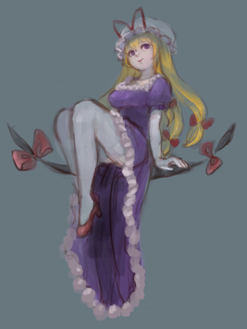 1girl ananna blonde_hair dress elbow_gloves gap gloves hat high_heels highres looking_at_viewer mob_cap pantyhose purple_dress solo touhou violet_eyes yakumo_yukari