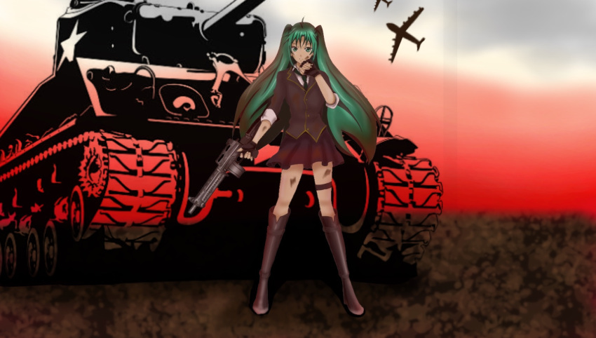 1girl aircraft artist_request assault_rifle copyright_request green_eyes green_hair ground_vehicle gun m4_sherman military military_vehicle motor_vehicle rifle shirt skirt sky tank twintails weapon