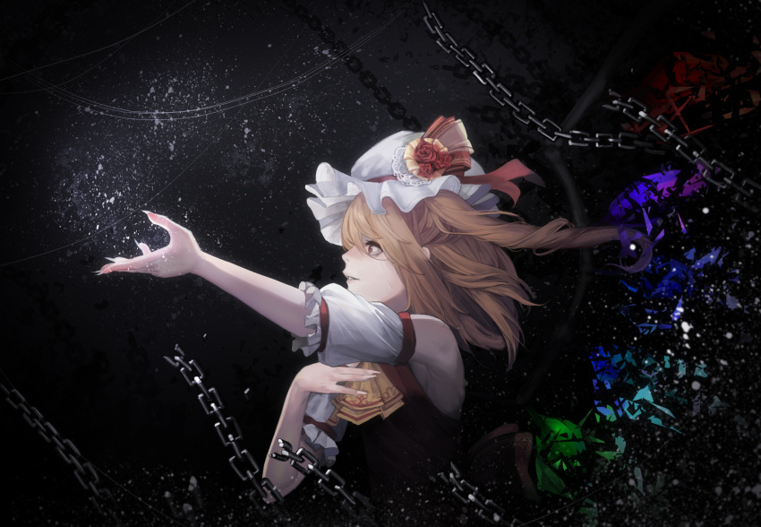1girl adapted_costume armpits black_background blonde_hair broken broken_chain chains cravat da_(dsasd751) detached_sleeves dust eyelashes fingernails flandre_scarlet flower hair_blowing hand_on_own_chest hat hat_flower hat_ribbon highres light_particles looking_to_the_side mob_cap open_hand outstretched_hand parted_lips profile red_eyes red_flower red_rose red_vest ribbon rose sharp_fingernails shattered short_hair side_ponytail simple_background solo tears touhou upper_body vest wings