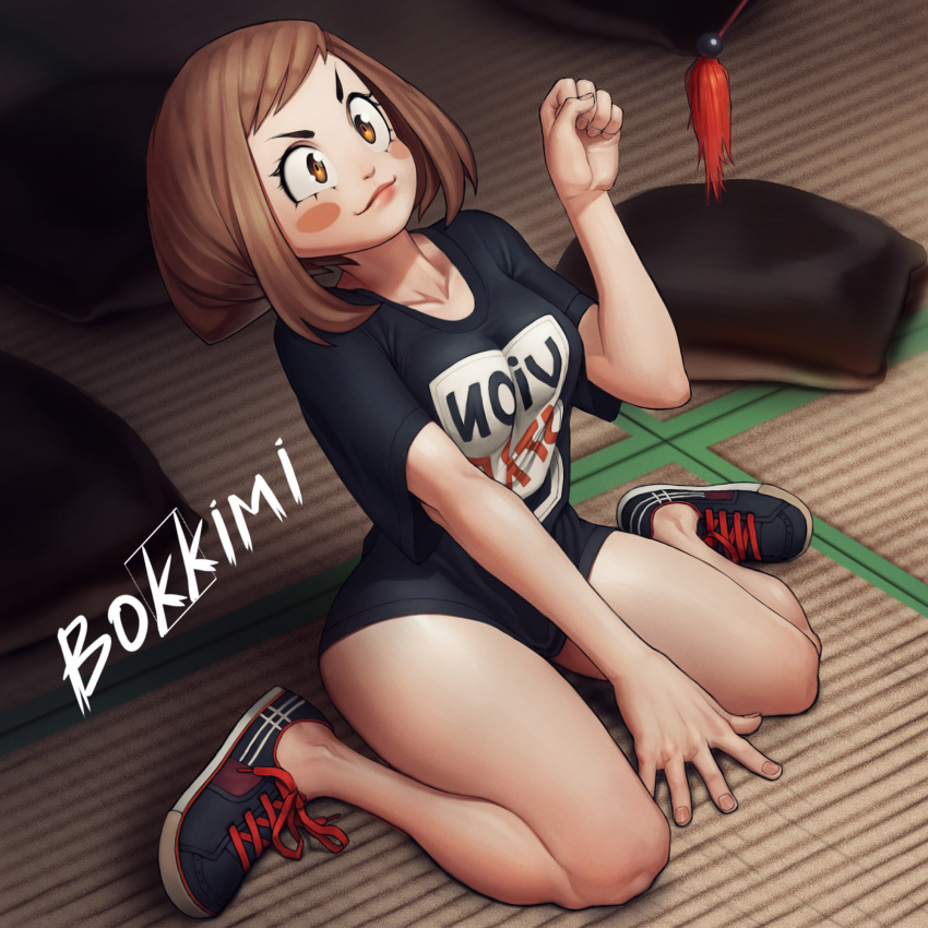 1girl alexander_terentyev blush_stickers boku_no_hero_academia breasts brown_eyes brown_hair cat_teaser full_body highres medium_breasts paw_pose pillow shirt shoes short_eyebrows signature sitting smile sneakers solo t-shirt tatami uraraka_ochako wariza