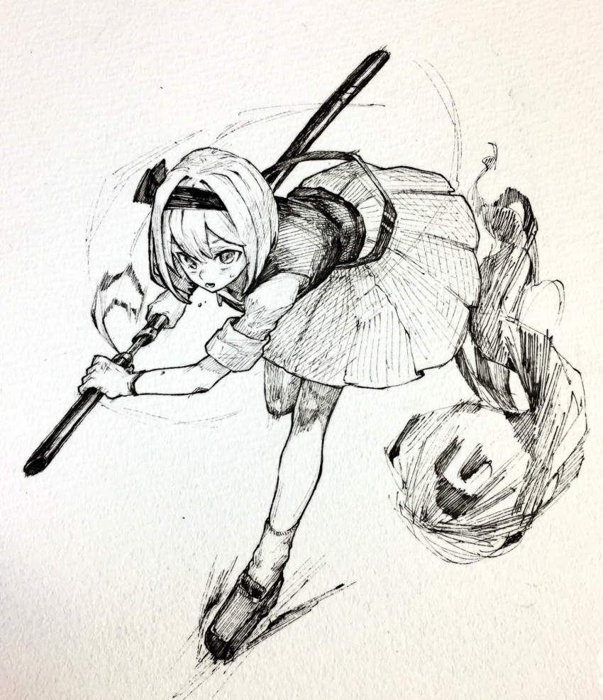 1girl bent_knee full_body hairband highres hitodama holding holding_sheath holding_sword holding_weapon katana konpaku_youmu konpaku_youmu_(ghost) leaning_forward mashimashi monochrome pen_(medium) running sheath shirt short_hair simple_background skirt sleeves_rolled_up solo sword touhou traditional_media unsheathing vest weapon