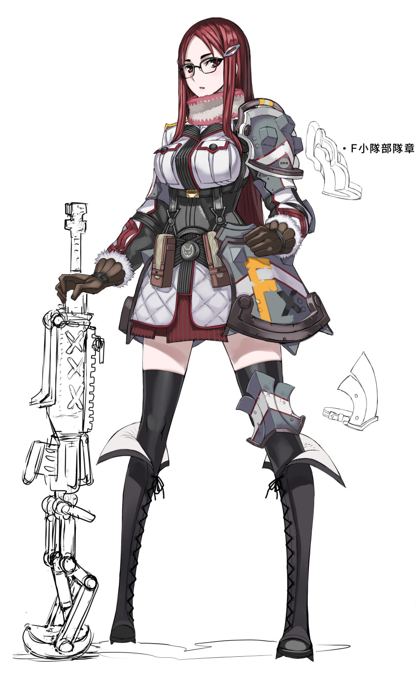 1girl absurdres armor black_legwear boots breast_pocket breasts commentary_request full_body fur_trim glasses gloves hair_ornament hairclip highres holding honjou_raita knee_boots large_breasts long_hair official_art open_mouth pocket red_eyes redhead scarf senjou_no_valkyria senjou_no_valkyria_4 shoulder_armor simple_background single_knee_pad skirt solo standing thigh-highs weapon white_background zettai_ryouiki