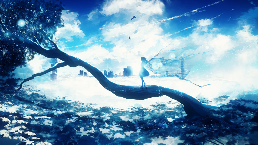 1girl backlighting bird blue cityscape clouds cloudy_sky condensation_trail day dress from_side highres light_particles long_hair original outdoors scenery silhouette sky solo sun sunlight transparent_wings tree wings y_y_(ysk_ygc)