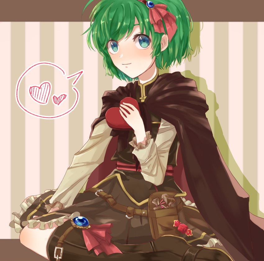 1girl absurdres artist_request blue_eyes blush cape chocolate fire_emblem fire_emblem:_rekka_no_ken fire_emblem_heroes green_hair hairband highres looking_at_viewer nino_(fire_emblem) short_hair skirt smile solo