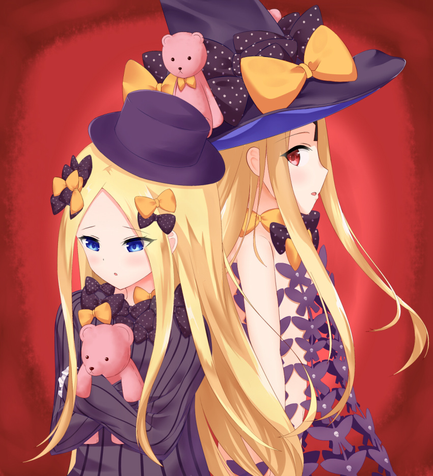 2girls abigail_williams_(fate/grand_order) bangs black_bow black_dress black_hat black_panties blonde_hair blue_eyes blush bow butterfly commentary_request dress dual_persona eyebrows_visible_through_hair fate/grand_order fate_(series) forehead hair_bow hat hat_bow highres keyhole long_hair long_sleeves looking_at_viewer looking_back multiple_girls object_hug orange_bow panties parted_bangs parted_lips polka_dot polka_dot_bow red_background red_eyes revealing_clothes roido_(taniko-t-1218) sleeves_past_fingers sleeves_past_wrists stuffed_animal stuffed_toy teddy_bear topless underwear very_long_hair witch_hat