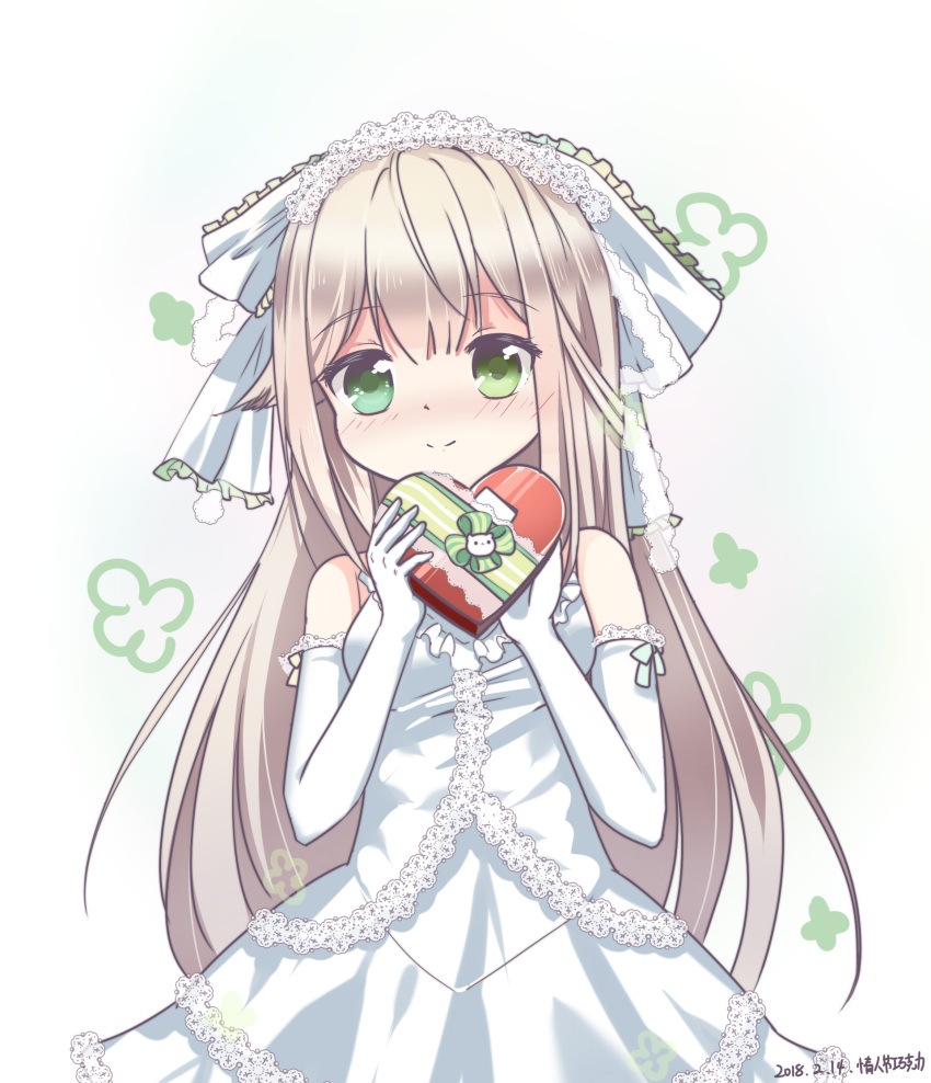 1girl bare_shoulders blush bow box breasts closed_mouth commentary_request dated dress elbow_gloves frilled_bow frills gift gift_box gloves green_eyes hair_bow heart-shaped_box highres holding holding_gift light_brown_hair long_hair looking_at_viewer medium_breasts miya_(565426800) original sleeveless sleeveless_dress smile solo translation_request very_long_hair white_background white_bow white_dress white_gloves