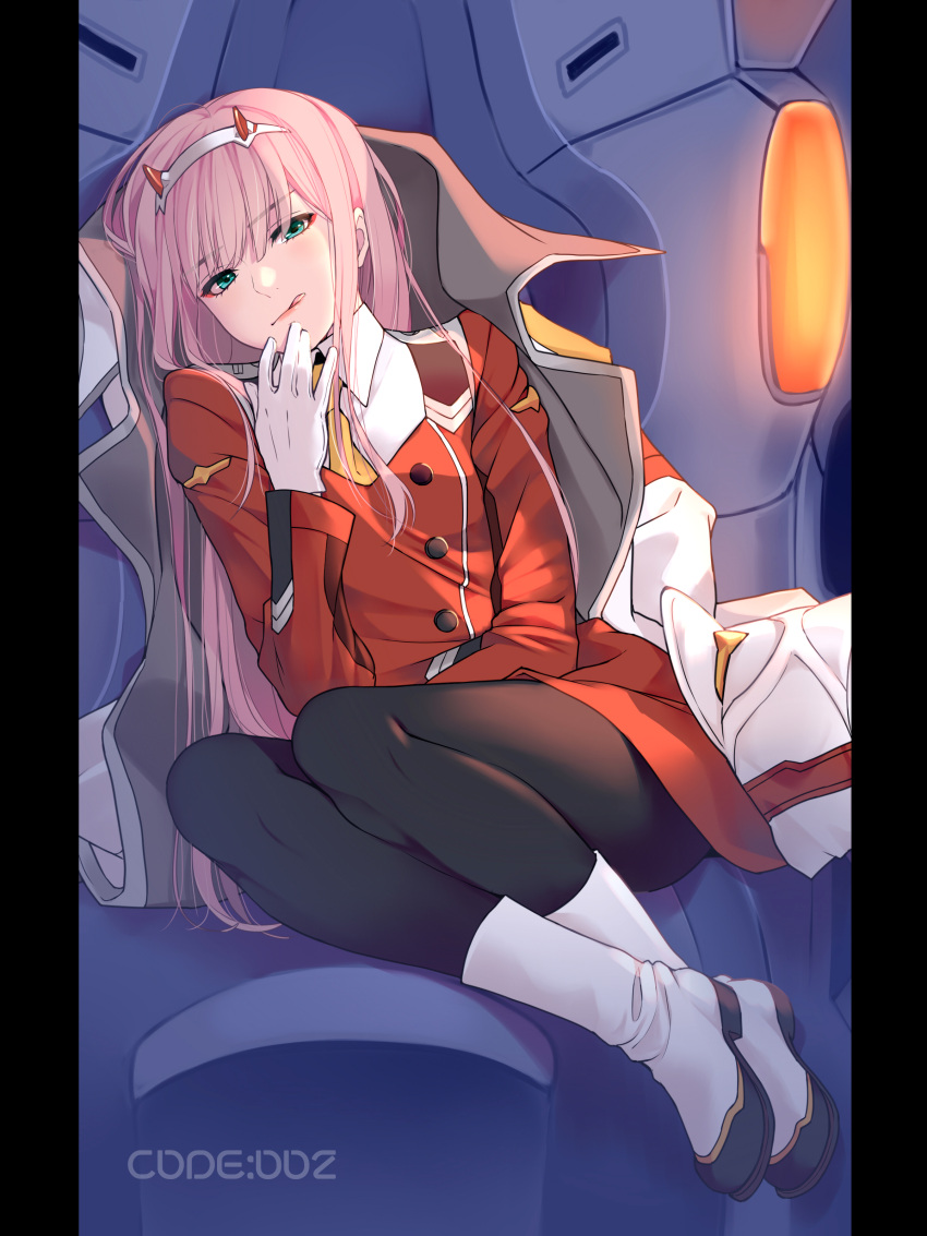 1girl absurdres aqua_eyes black_legwear boots character_name darling_in_the_franxx gloves hairband hat highres horns jacket kate_iwana long_hair pantyhose pink_hair sitting solo tongue tongue_out uniform white_gloves white_hairband zero_two_(darling_in_the_franxx)