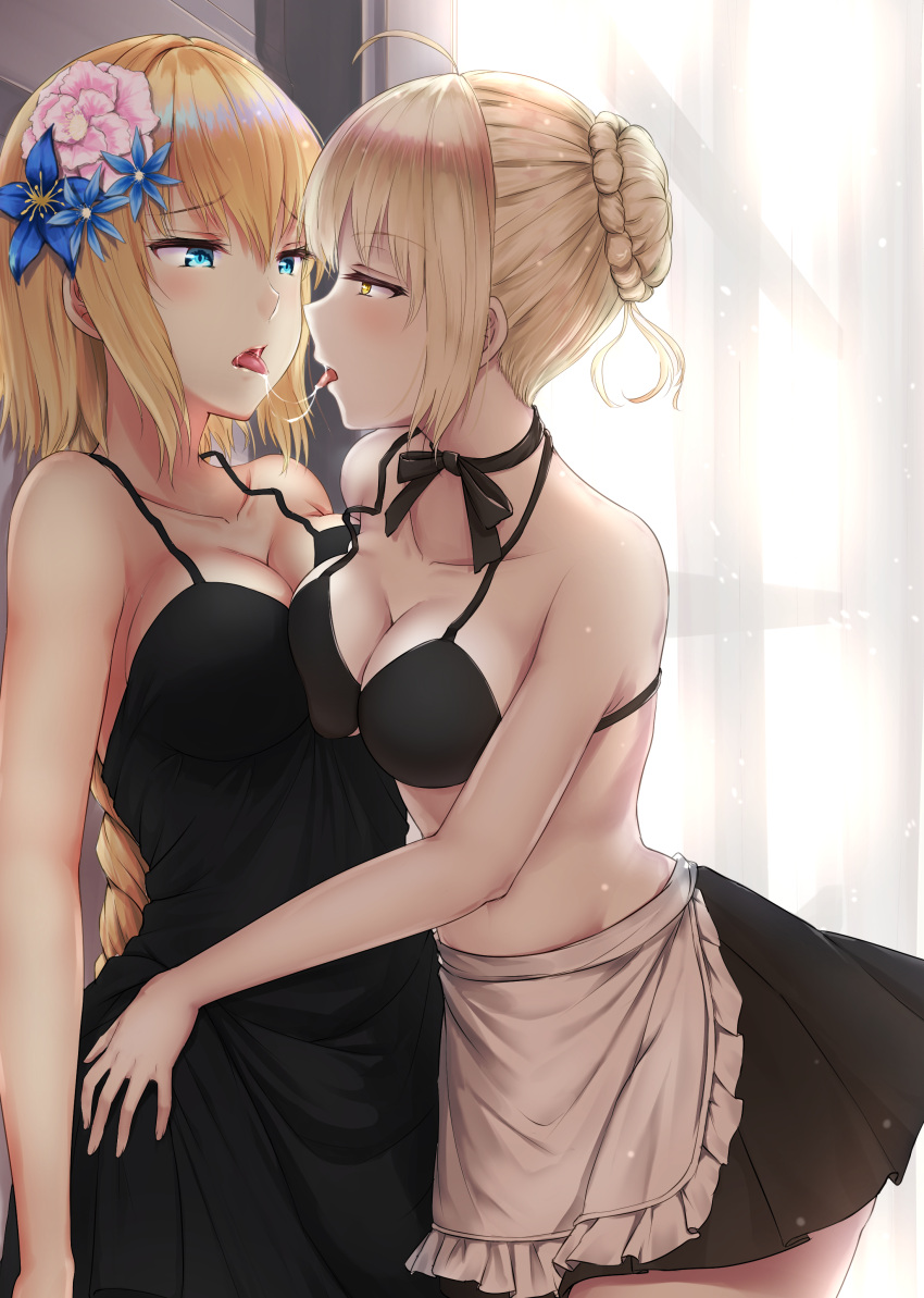 2girls absurdres after_kiss against_wall ahoge apron artoria_pendragon_(all) artoria_pendragon_(swimsuit_rider_alter) asymmetrical_docking backlighting bangs bare_shoulders bikini_top black_bikini_top black_neckwear black_ribbon black_skirt blonde_hair blue_eyes blue_flower blush braid breast_press breasts cleavage collarbone cowboy_shot curtains dress eyebrows_visible_through_hair fate/grand_order fate_(series) flower hair_bun hair_flower hair_ornament half-closed_eyes highres hug indoors jeanne_d'arc_(fate) jeanne_d'arc_(fate)_(all) leaning_forward light_particles long_hair medium_breasts miniskirt multiple_girls neck_ribbon open_mouth pink_flower pleated_skirt primamiya profile raised_eyebrows ribbon saliva saliva_trail short_hair single_braid skirt sleeveless sleeveless_dress spaghetti_strap standing tongue tongue_out very_long_hair waist_apron yellow_eyes yuri