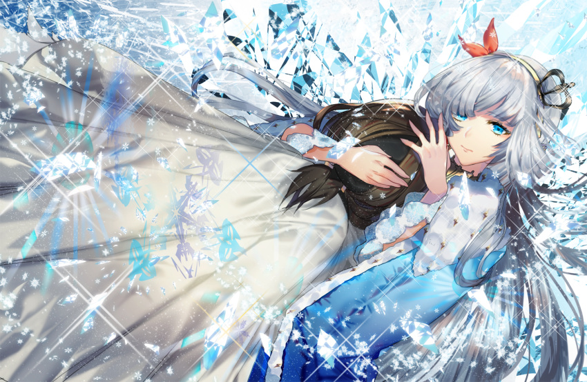 1girl anastasia_(fate/grand_order) blue_eyes brown_hair fate/grand_order fate_(series) floating_hair hair_ribbon hairband hug long_hair looking_at_viewer red_ribbon ribbon silver_hair very_long_hair white_hairband yakusuke