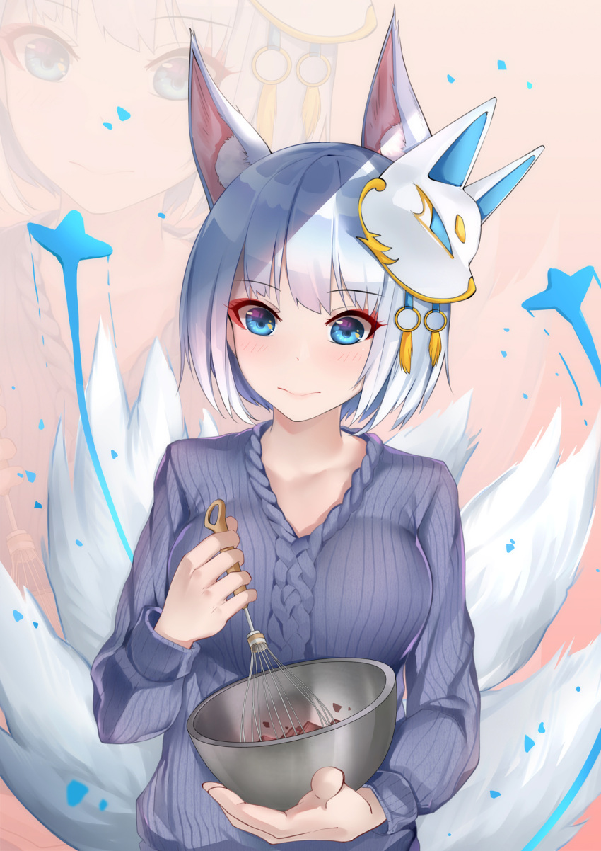 1girl alternate_costume animal_ears azur_lane bangs blue_eyes blush bowl breasts casual commentary_request dust_(394652411) eyebrows_visible_through_hair eyeshadow fox_ears fox_tail highres holding holding_bowl kaga_(azur_lane) long_sleeves looking_at_viewer makeup mask mask_on_head medium_breasts ribbed_sweater short_hair solo stirring sweater tail upper_body whisk white_hair zoom_layer