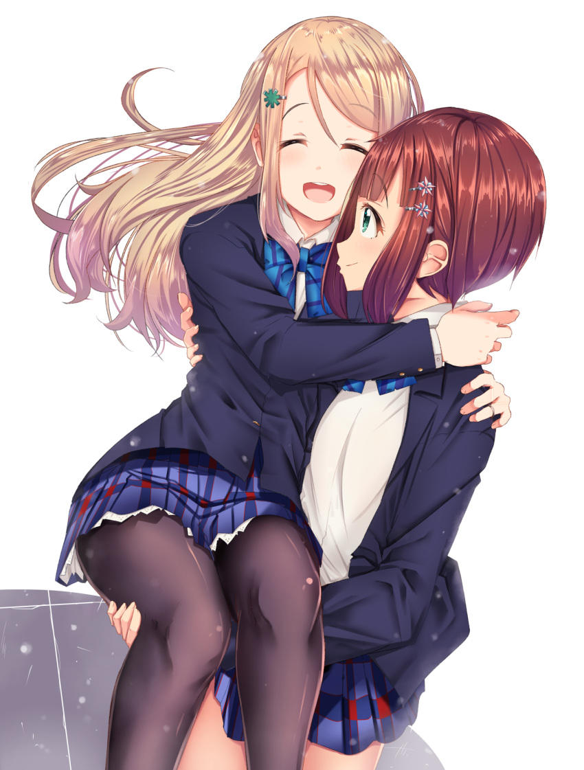 2girls ayase_arisa black_jacket black_legwear blonde_hair blue_neckwear blue_skirt bow bowtie brown_hair carrying closed_eyes eyebrows_visible_through_hair floating_hair green_eyes hair_ornament highres jacket kousaka_yukiho long_hair love_live! love_live!_school_idol_project mad_(hazukiken) miniskirt pantyhose pleated_skirt princess_carry school_uniform shirt short_hair sidelocks simple_background skirt smile standing striped_neckwear white_background white_shirt