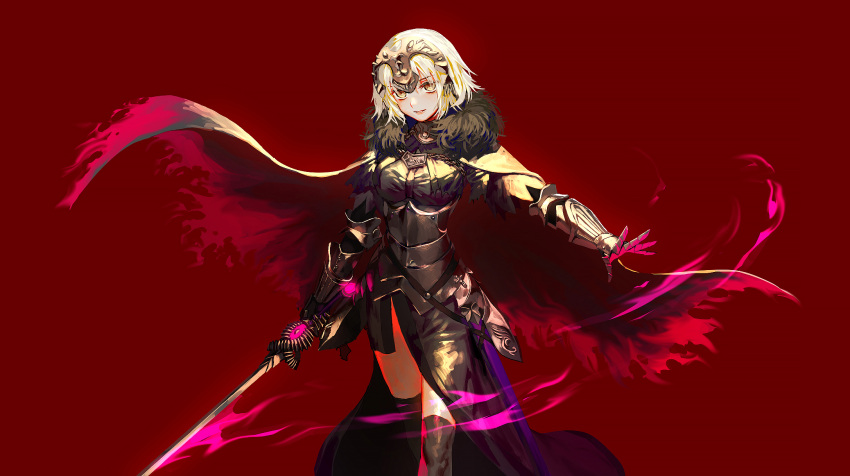 1girl armor armored_dress black_dress black_legwear cape daeraeband dress fate/grand_order fate_(series) fur_trim gauntlets highres holding holding_sword holding_weapon jeanne_d'arc_(alter)_(fate) jeanne_d'arc_(fate)_(all) looking_at_viewer outstretched_arm red_background short_hair silver_hair simple_background solo standing sword thigh-highs weapon yellow_eyes