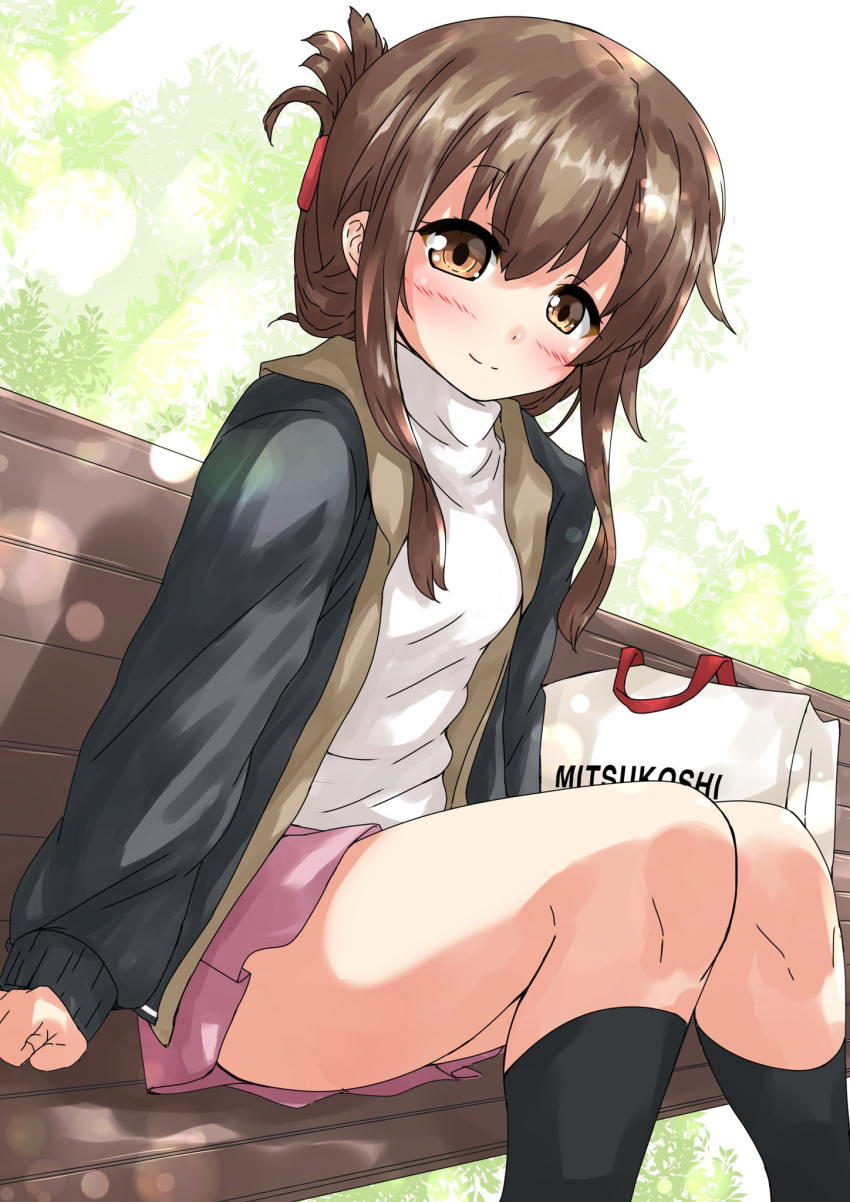 1girl bag bench black_jacket black_legwear brown_eyes brown_hair commentary_request dutch_angle folded_ponytail harusame_nuko highres inazuma_(kantai_collection) jacket kantai_collection long_hair looking_at_viewer mitsukoshi_(department_store) pink_skirt pleated_skirt shopping_bag skirt socks solo