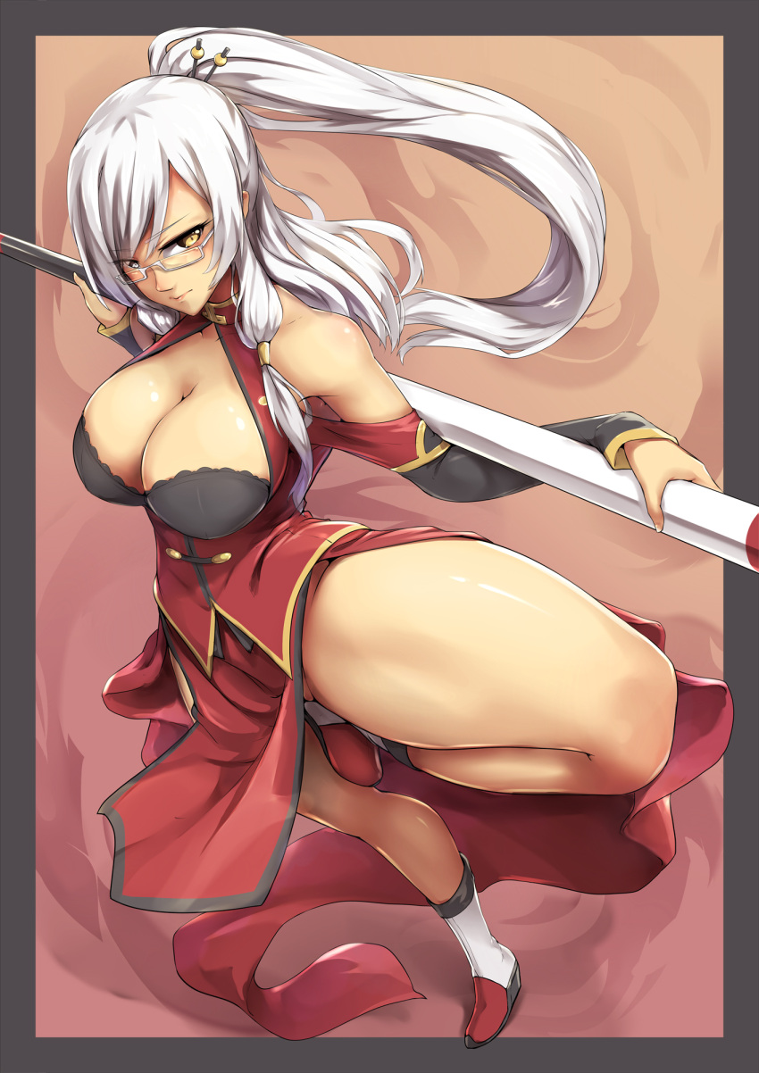 1girl bangs bare_shoulders blazblue breasts chinese_clothes cleavage cleavage_cutout cosplay full_body glasses hair_ornament hair_stick highres large_breasts litchi_faye_ling litchi_faye_ling_(cosplay) long_hair looking_at_viewer original packge polearm ponytail semi-rimless_eyewear solo standing standing_on_one_leg swept_bangs under-rim_eyewear weapon white-framed_eyewear white_hair yellow_eyes
