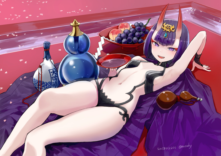 alcohol arm_up armpits bob_cut breasts cup dated fangs fate/grand_order fate_(series) food fruit gourd headpiece highres looking_at_viewer lying nosuku on_back oni_horns open_mouth petals purple_hair revealing_clothes sakazuki sake short_eyebrows short_hair shuten_douji_(fate/grand_order) small_breasts solo twitter_username violet_eyes