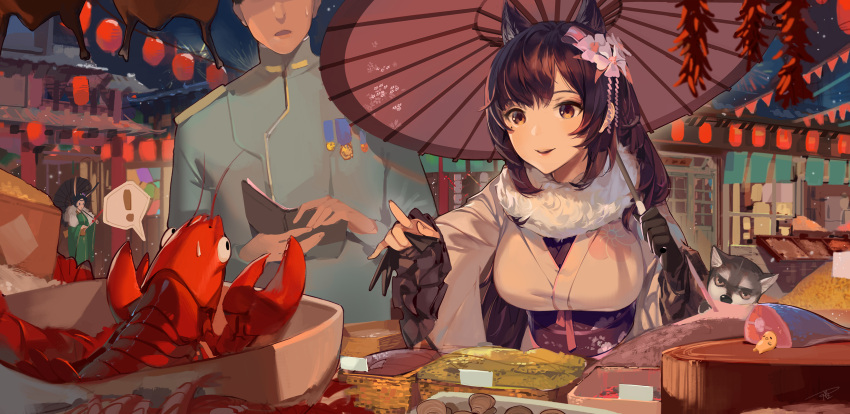 1boy 2girls admiral_(azur_lane) animal_ears atago_(azur_lane) azur_lane bangs black_gloves black_hair bowl clam_shell damiaodi dog fish frilled_sleeves frills fur_trim gloves gudetama head_out_of_frame highres holding_wallet japanese_clothes kimono lantern lobster long_hair long_sleeves looking_at_another market medal military military_uniform multiple_girls obi open_mouth oriental_umbrella paper_lantern pointing sash smile sweatdrop umbrella uniform wide_sleeves yellow_eyes