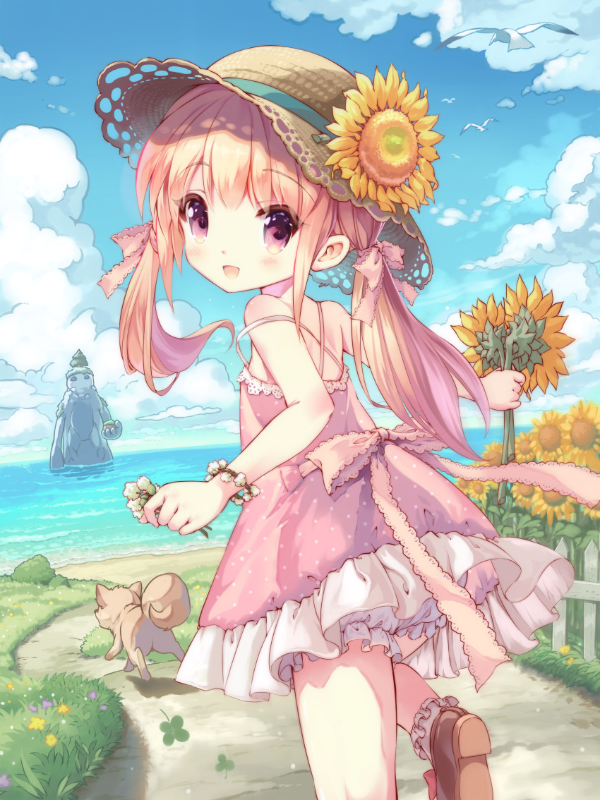 1girl :d absurdres animal bangs bare_shoulders bird bloomers blue_sky blush bobby_socks brown_footwear child clouds clover commentary_request criss-cross_halter day dog dress eyebrows_visible_through_hair fantasy flower four-leaf_clover hair_between_eyes halterneck hat hat_flower highres holding holding_flower kankurou light_brown_hair long_hair looking_at_viewer looking_back moe2018 ocean open_mouth original outdoors outstretched_arm pink_dress shoes sky smile socks solo standing standing_on_one_leg strap_slip straw_hat summer sunflower twintails underwear violet_eyes water white_bloomers white_flower white_legwear yellow_flower