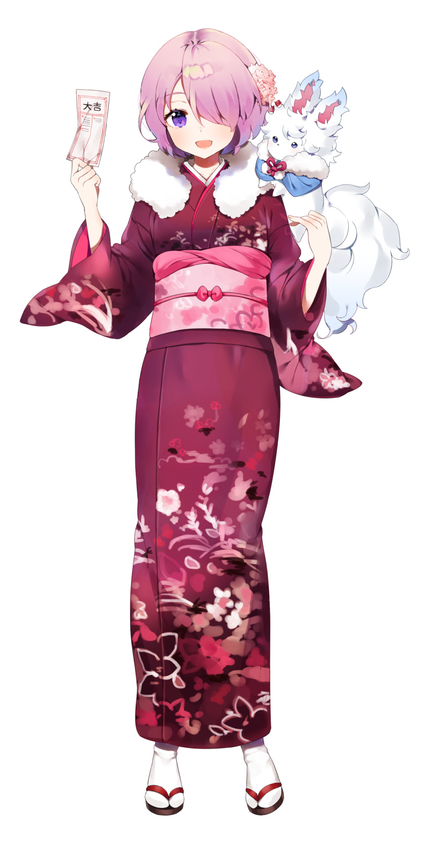 1girl :d absurdres alternate_costume blush bow creature creature_on_shoulder fate/grand_order fate_(series) floral_print flower fou_(fate/grand_order) full_body fur-trimmed_capelet fur_collar geta hair_flower hair_ornament hair_over_one_eye highres holding japanese_clothes kimono long_sleeves looking_at_viewer mash_kyrielight obi ongyageum open_mouth pink_bow pink_hair print_kimono purple_kimono red_ribbon ribbon sash short_hair simple_background smile socks solo standing tabi tareme violet_eyes white_background white_legwear wide_sleeves yukata