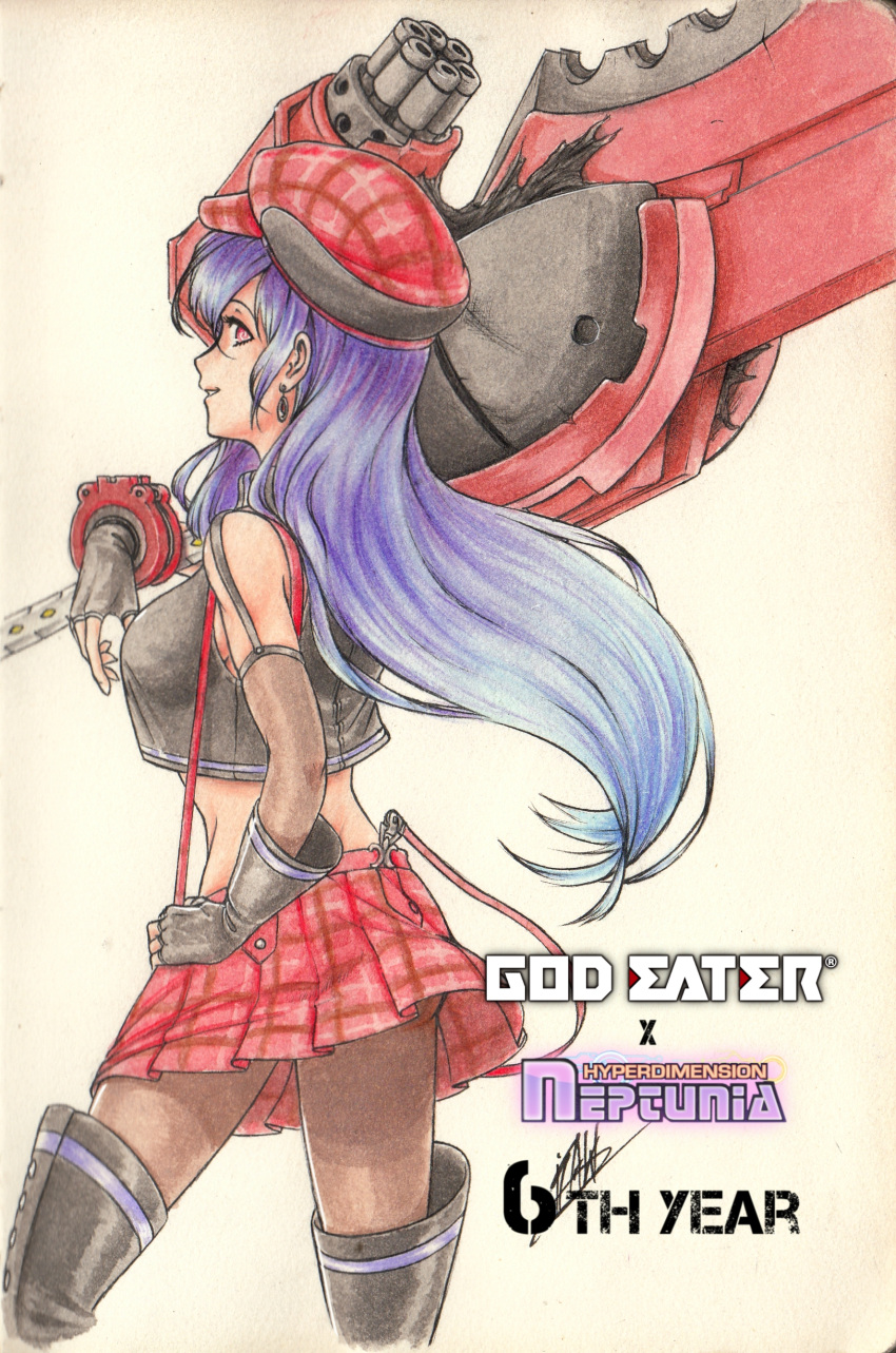 1girl absurdres alisa_ilinichina_amiella alisa_ilinichina_amiella_(cosplay) ballpoint_pen_(medium) boots breasts cabbie_hat copyright_name cosplay from_side gloves god_eater graphite_(medium) grey_hair hair_between_eyes hand_on_hip hat highres holding holding_weapon iris_heart isaki_tanaka kami_jigen_game_neptune_v large_breasts long_hair looking_at_viewer looking_to_the_side miniskirt neptune_(series) purple_hair red_eyes signature skirt solo suspenders thigh-highs thigh_boots traditional_media weapon