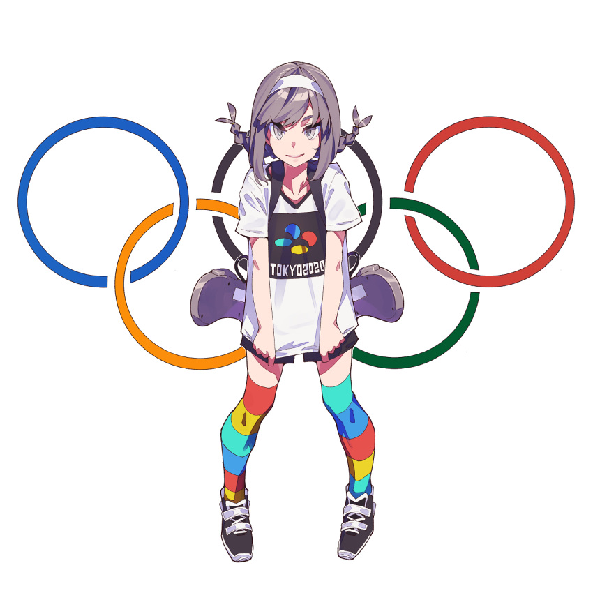 1girl 2020 2020_summer_olympics backpack bag bangs black_footwear braid clothes_writing commentary_request grey_eyes grey_hair grin hairband highres kamameshi_gougoumaru looking_at_viewer multicolored multicolored_clothes multicolored_legwear olympic_rings olympics original parted_lips pigeon-toed shirt shoes short_shorts shorts simple_background smile solo standing striped striped_legwear thigh-highs twin_braids white_background white_shirt