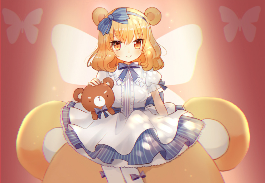 1girl animal_ears bangs bear_ears blonde_hair blue_bow blue_hairband blue_skirt blush bow butterfly butterfly_wings center_frills closed_mouth commentary eyebrows_visible_through_hair frills hair_between_eyes hair_bow hairband long_hair looking_at_viewer maodouzi orange_eyes original pantyhose puffy_short_sleeves puffy_sleeves purple_bow shirt short_sleeves sitting skirt smile solo striped striped_bow stuffed_animal stuffed_toy teddy_bear vertical-striped_skirt vertical_stripes white_legwear white_shirt wings