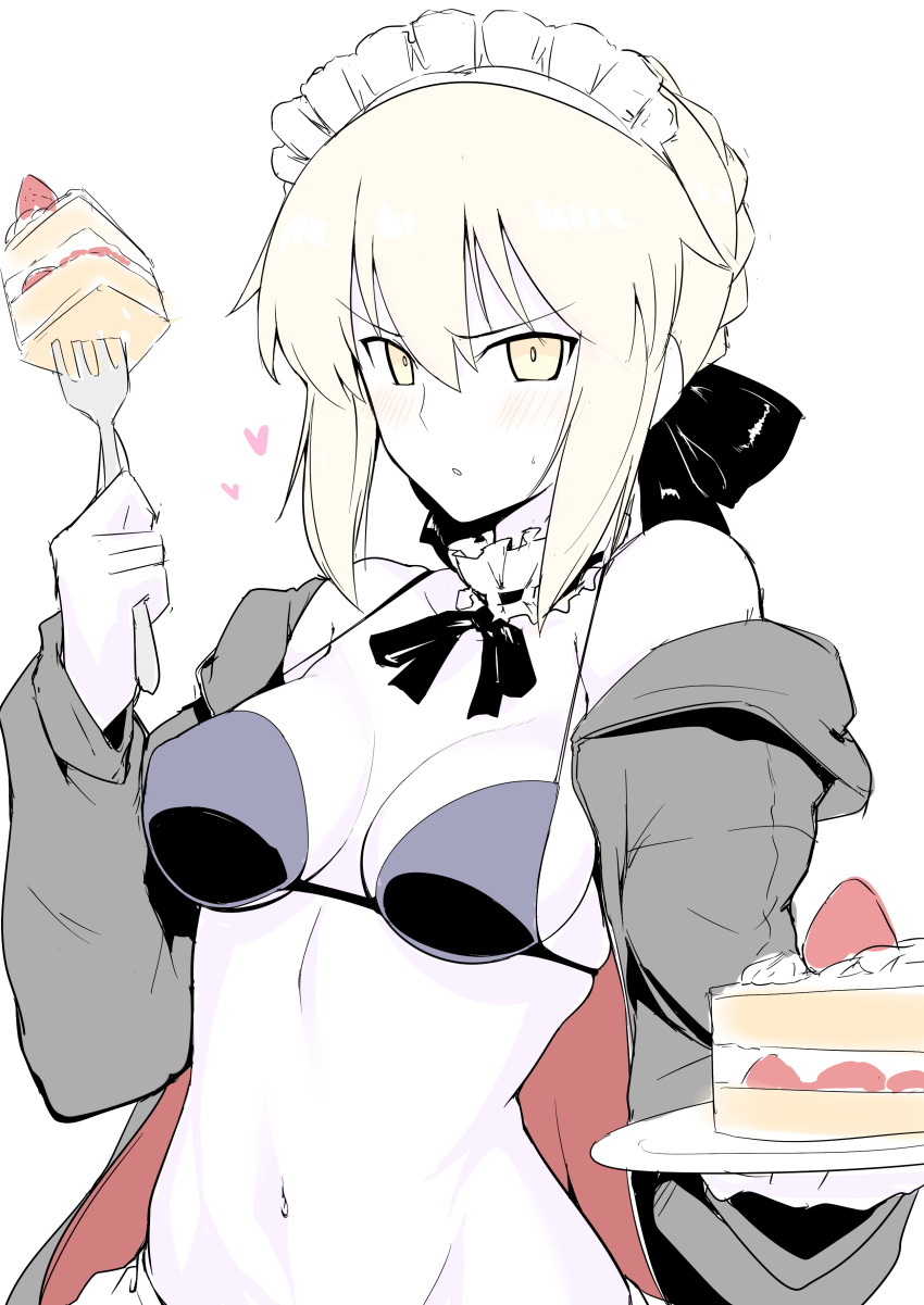 1girl :o absurdres artoria_pendragon_(all) artoria_pendragon_(swimsuit_rider_alter) bangs bare_shoulders bikini black_bikini black_jacket black_ribbon blush braid breasts cake collar commentary_request detached_collar fate/grand_order fate/stay_night fate_(series) food fork french_braid frilled_collar frills fruit hair_ribbon harukon_(halcon) heart highres hood hoodie jacket looking_at_viewer maid_headdress navel neck_ribbon off_shoulder open_clothes open_jacket pale_skin ribbon saber_alter silver_hair simple_background small_breasts solo strawberry swimsuit v-shaped_eyebrows waist white_background yellow_eyes