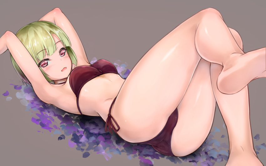 1girl arms_up ass bangs barefoot bikini black_bikini blush eyebrows_visible_through_hair green_hair highres looking_at_viewer lying ohnaka0515 on_back open_mouth original pink_eyes short_hair side-tie_bikini smile solo swimsuit